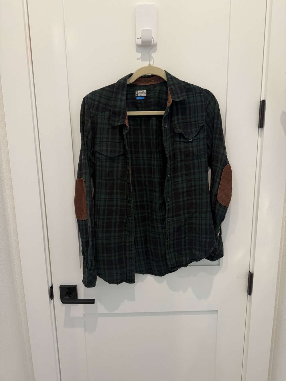 Kavu Dark Green Plaid Button-Down Shirt with Brown Elbow Patches